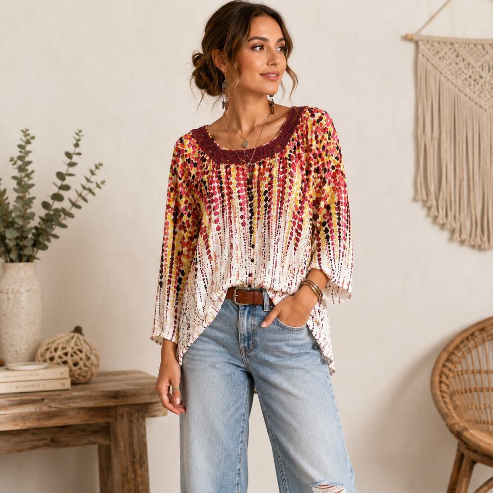 Maggie Barnes Button-Up Blouse Women's Size 3X Crochet Neckline Artsy Boho Flowy
